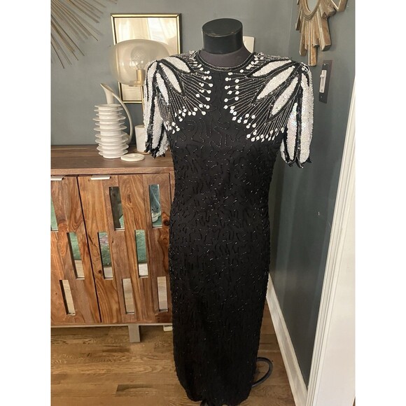Laurence Kazar Dress Black EveningGown Silk White Bourealis Sequin Bead  Keyhole - Picture 1 of 10